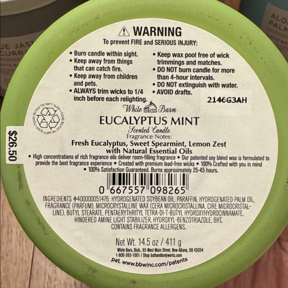 BBW / White Barn New 3-Wick Candle, Eucalyptus Mint